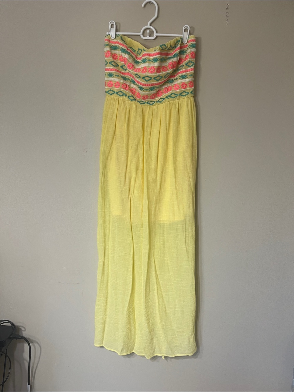 As U Wish Strapless Yellow Maxi Dress with Pink & Green Embroidered Bodice